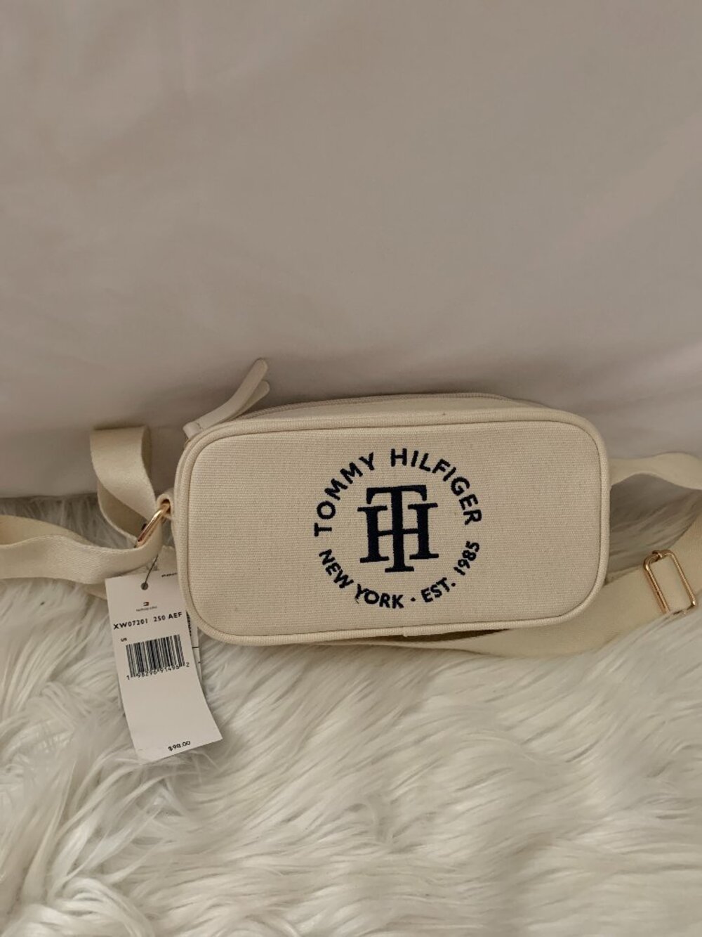 TOMMY HILFIGER Canvas Camera Crossbody Bag in Ivory/Navy Blue